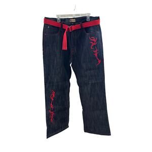 Russo Y2K Red Tribal Embroidered Dark Wash Jeans W40 L 34